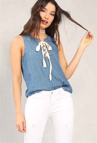 Chambray Lace-Up Top