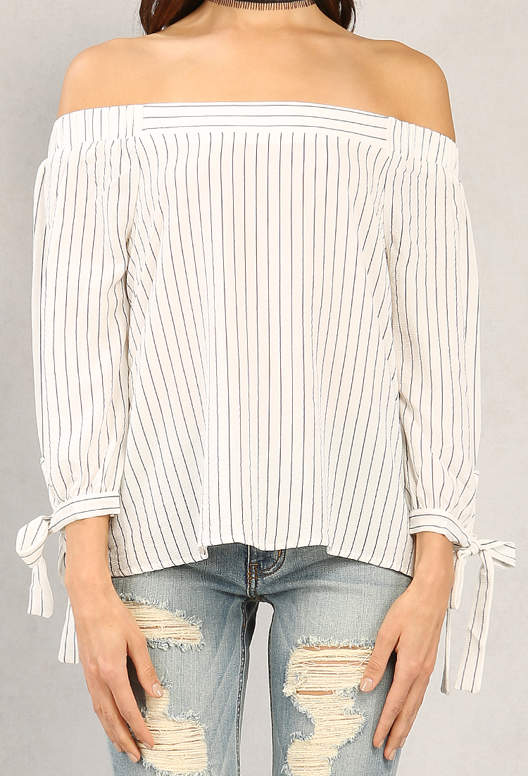 Striped Self-Tie Off-The-Shoulder Top
