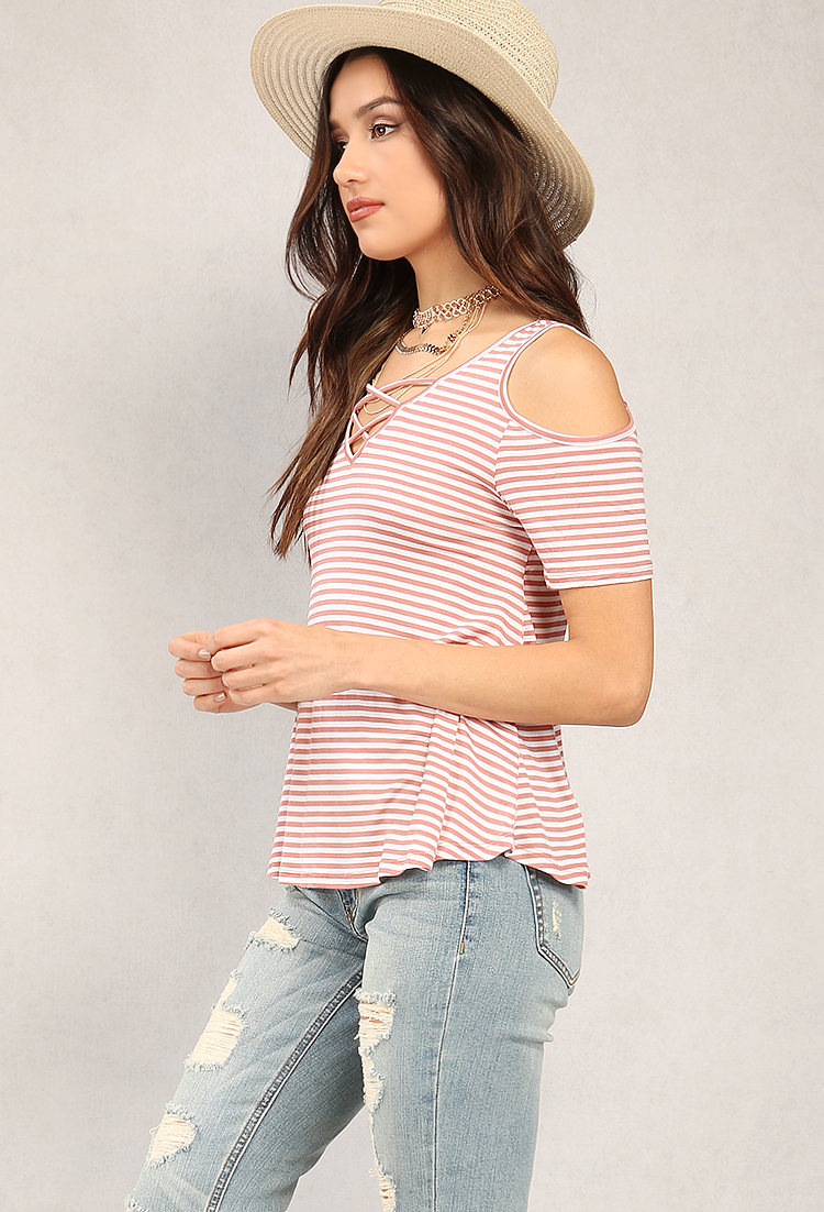 Striped Lace-Up Open-Shoulder Top