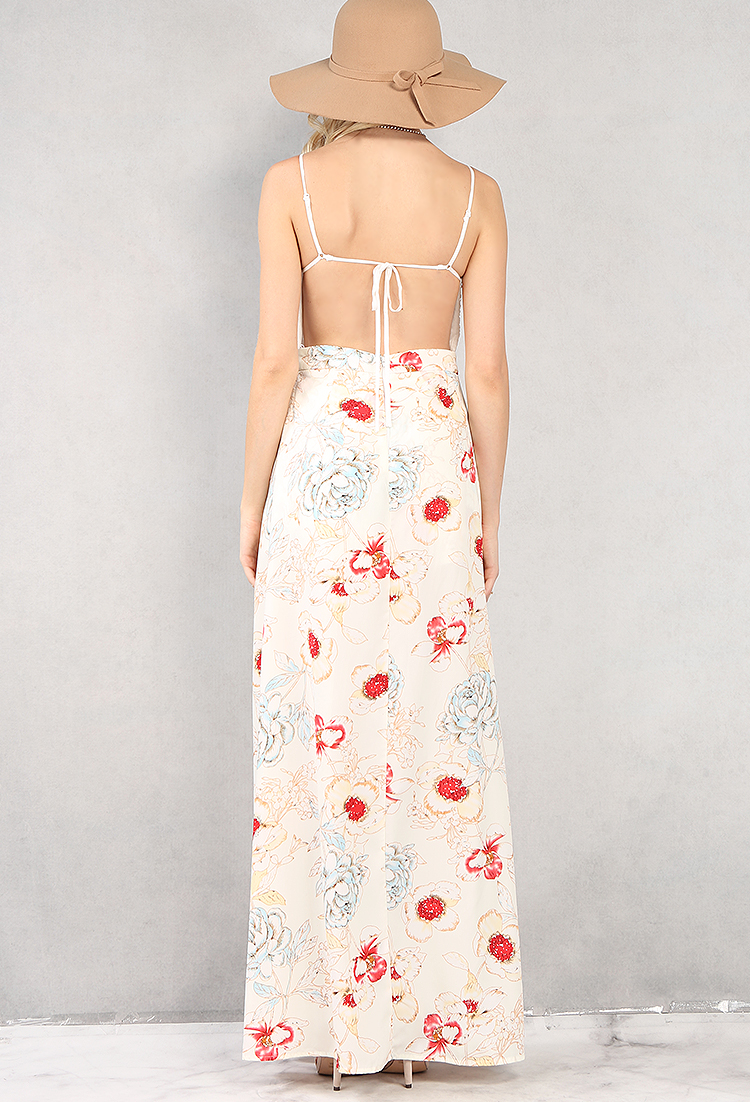 Crochet-Panel Floral Front-Slit Maxi Dress