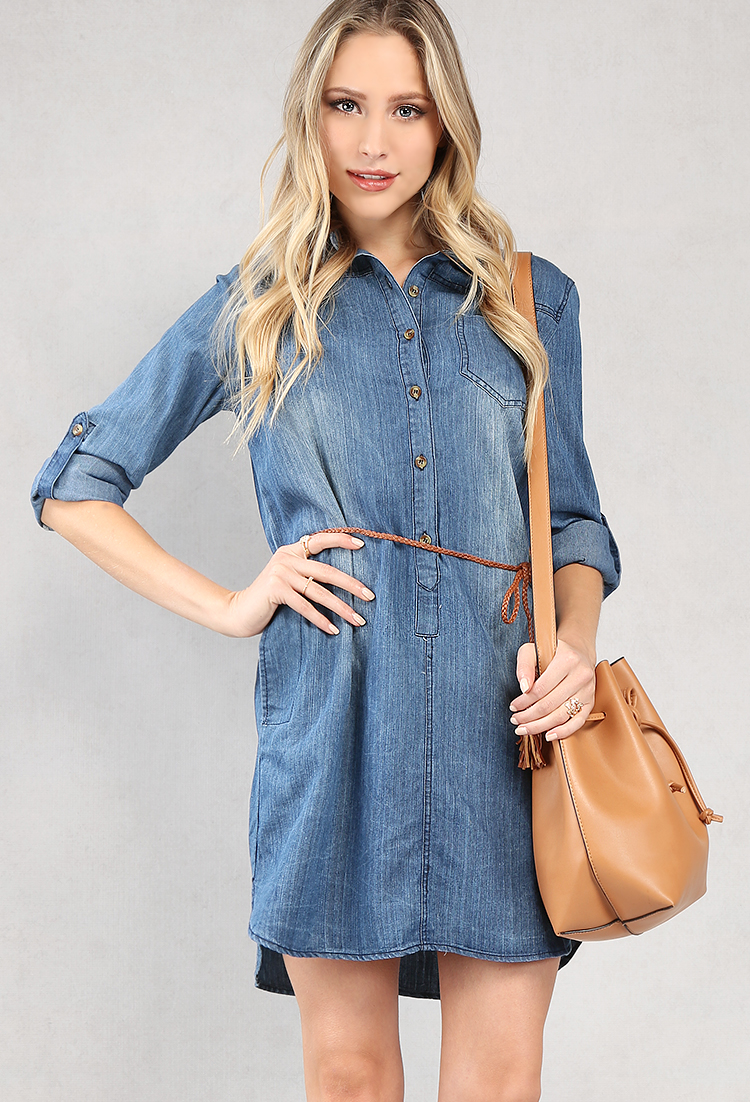 Belted Roll-Up Sleeve Denim Tunic