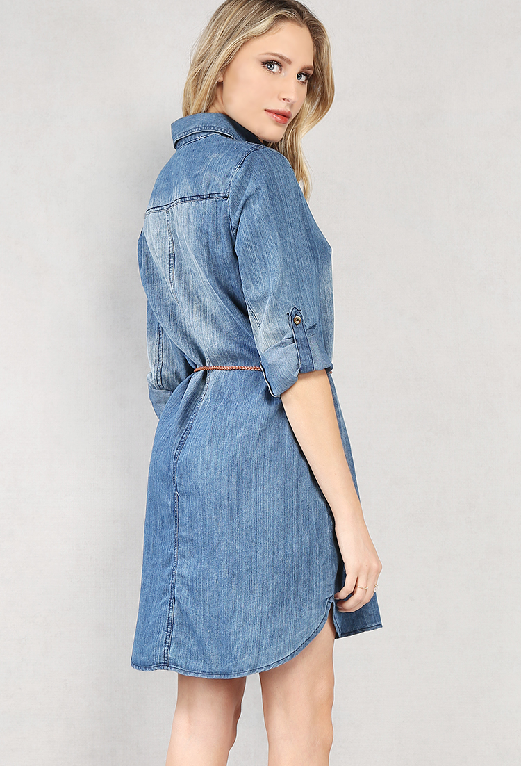 Belted Roll-Up Sleeve Denim Tunic
