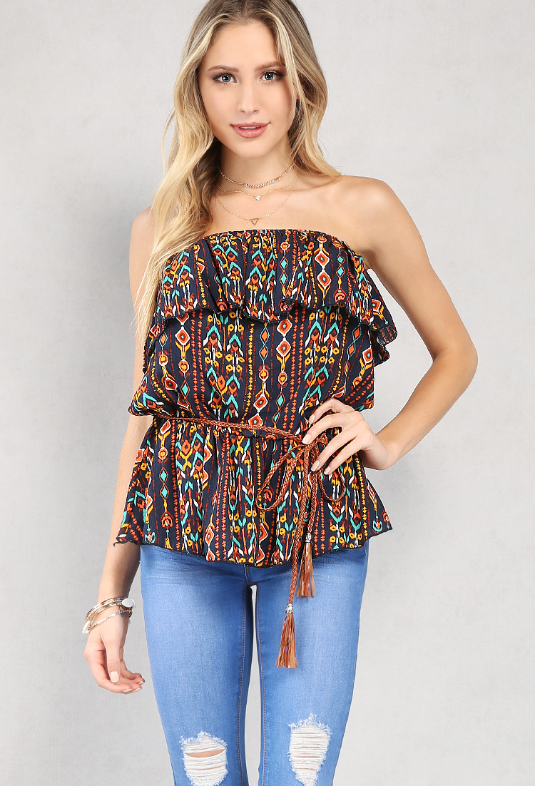 Belted Tribal Print Tube Top