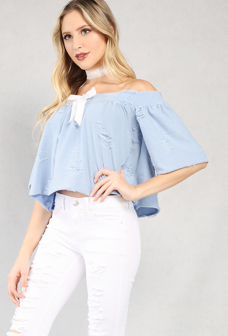 Bow-Front Distressed Off-The-Shoulder Top