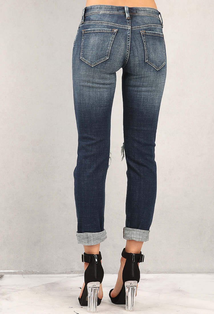 Cuffed Distressed Mid-Rise Jeans