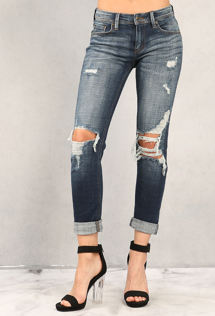 Cuffed Distressed Mid-Rise Jeans