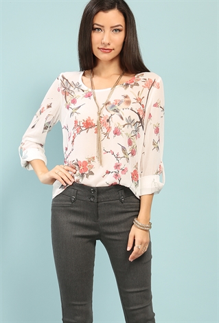 Bird And Floral Print Blouse