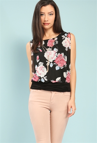 Chiffon Layered Floral Print Top W/ Necklace 