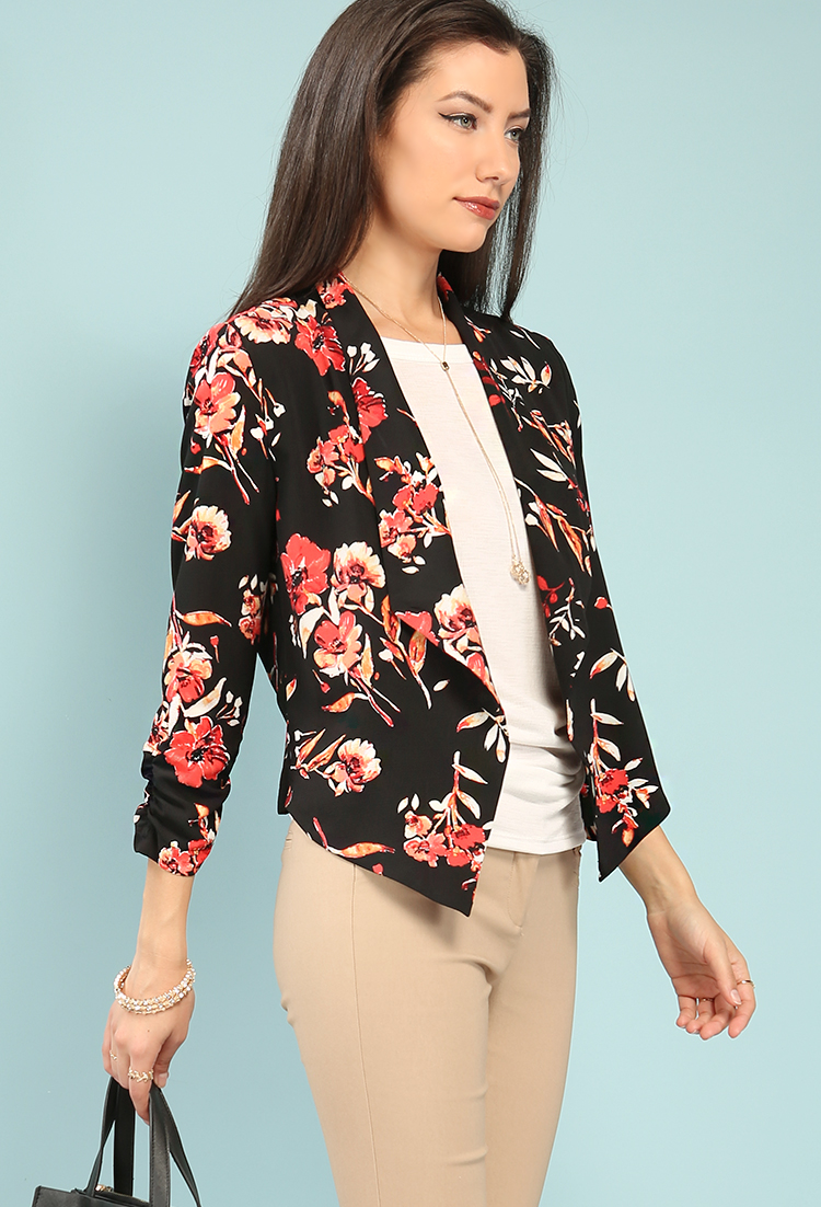 Draped Floral Open-Front Blazer