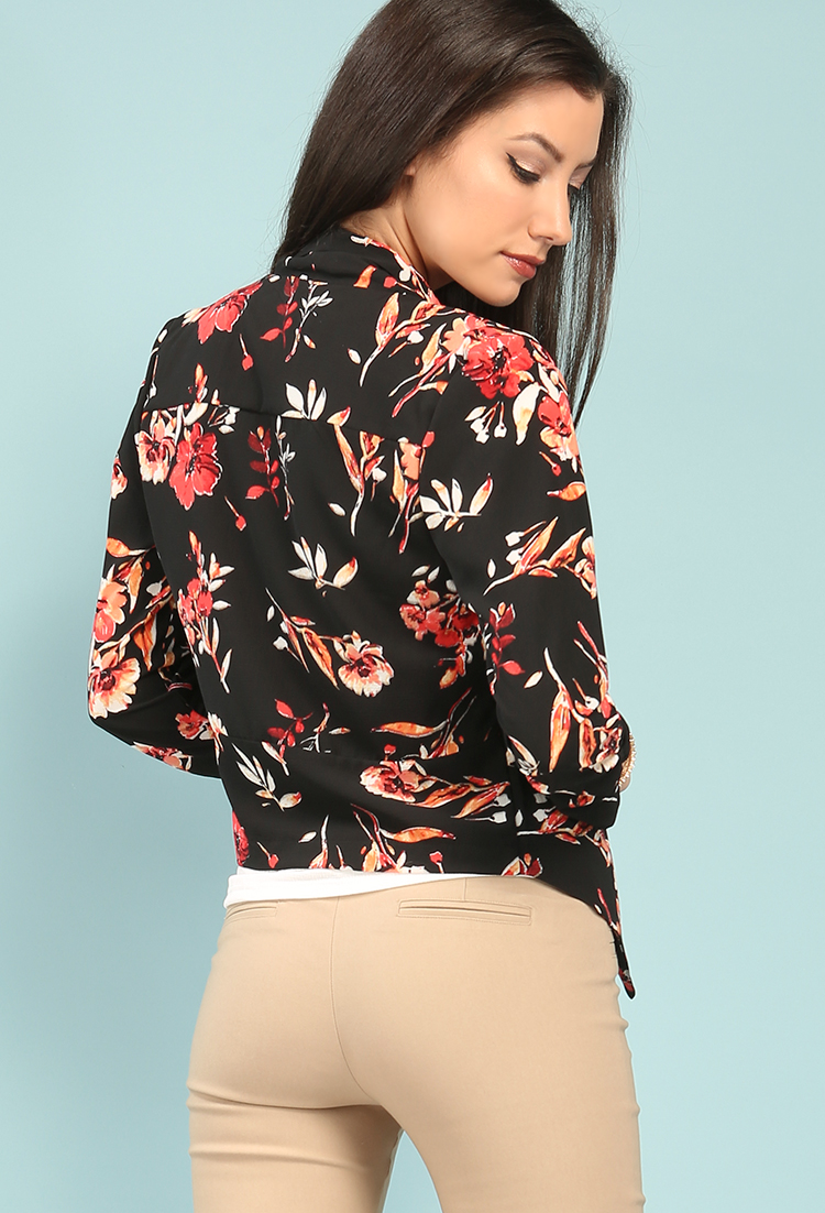 Draped Floral Open-Front Blazer