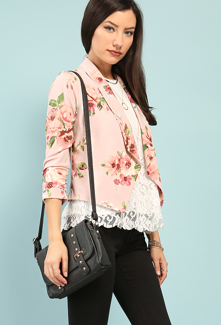 Draped Floral Open-Front Jacket