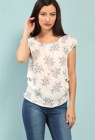 Floral Cap-Sleeved Chiffon Top W/ Necklace