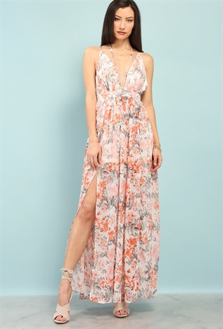 Plunging Strappy Floral  M-Slit Maxi Dress