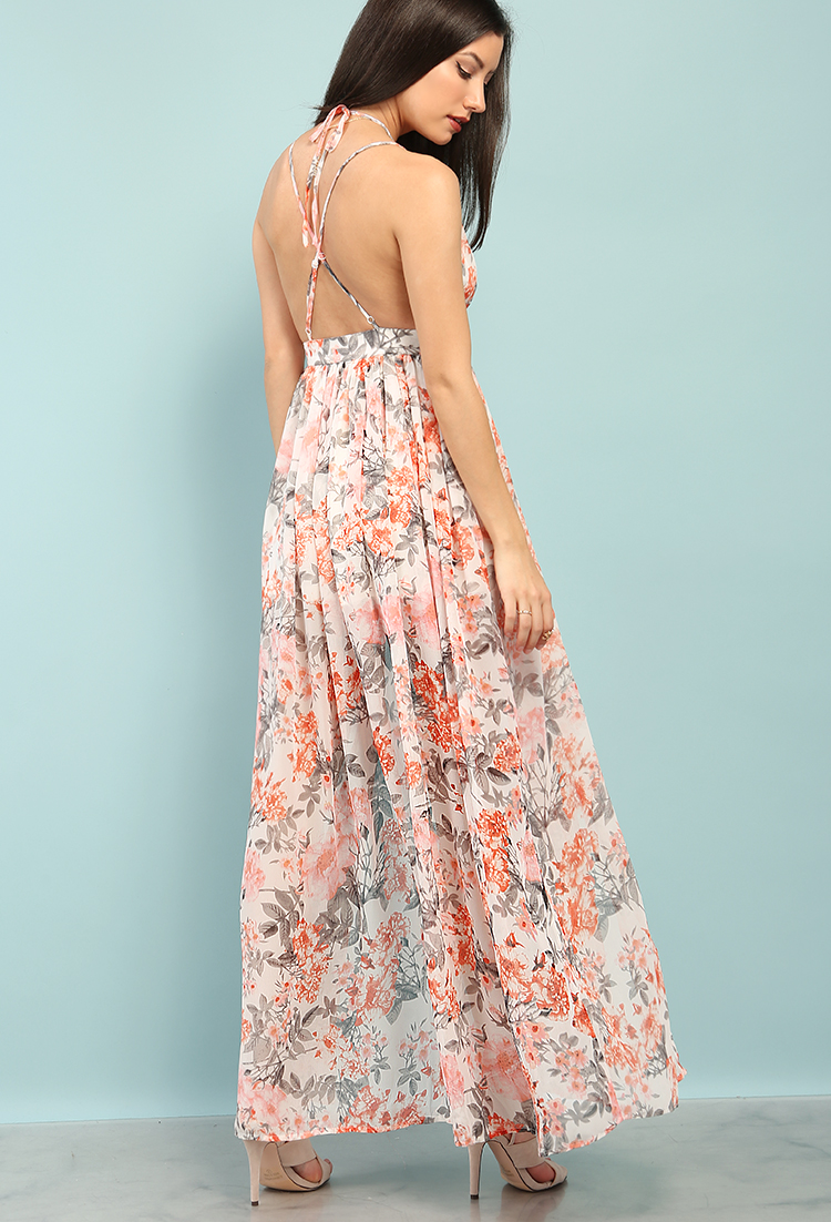 Plunging Strappy Floral  M-Slit Maxi Dress