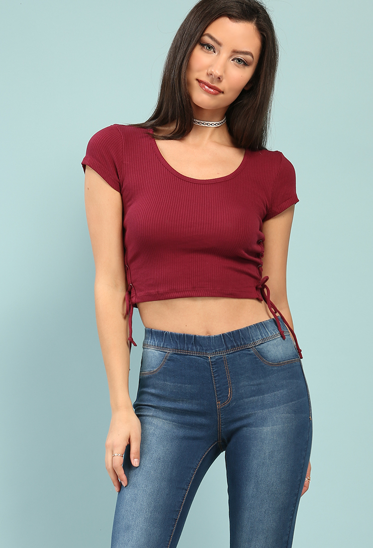 Ribbed Side Lace-Up Crop Top
