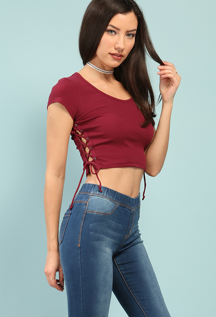Ribbed Side Lace-Up Crop Top