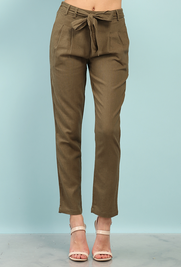 Smocked Self-Tie Linen-Blend Trousers