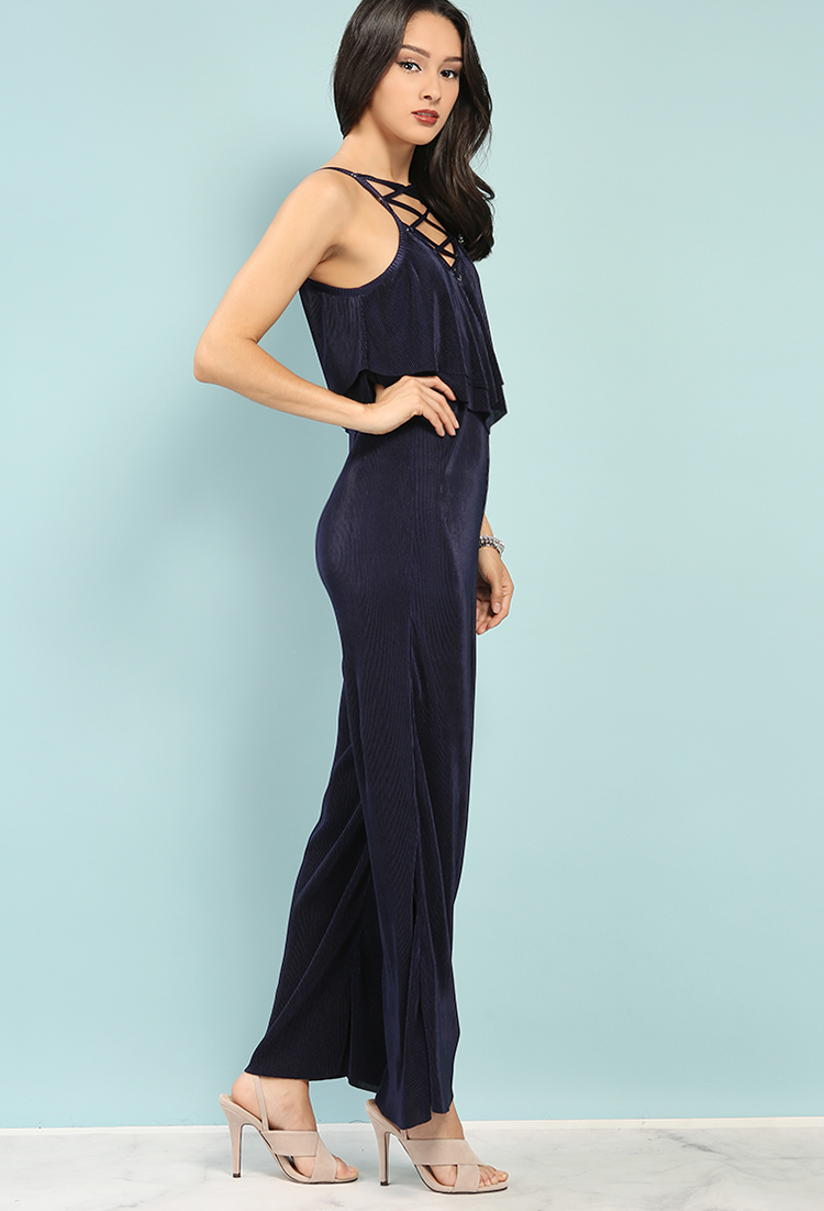 Accordion Pleated Lace-Up Flounce Jumpsuit