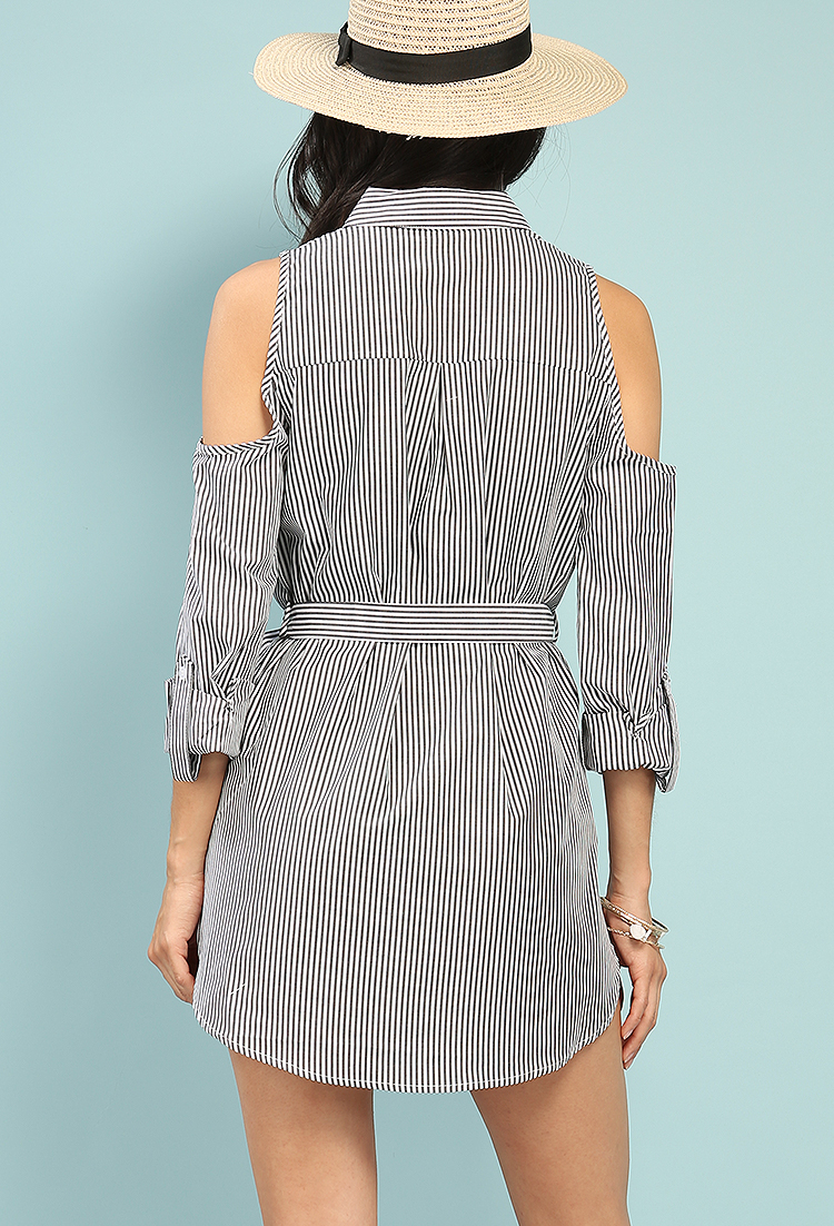 Belted Stripe Open-Shoulder Button-Up Shirt Dress