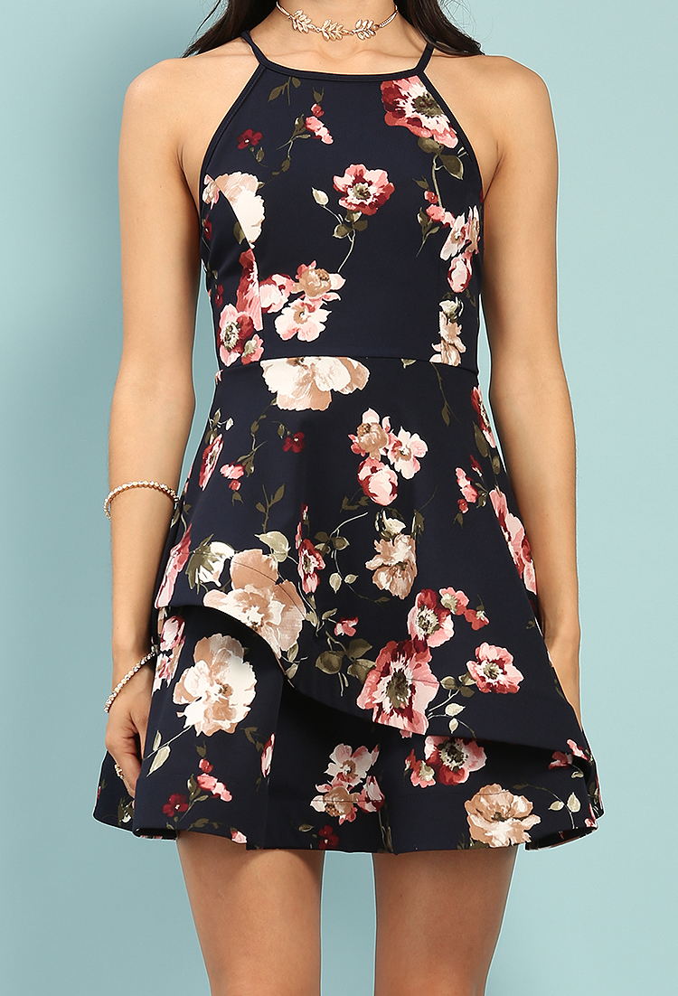 Floral Crisscross-Back Flounce Fit And Flare Dress
