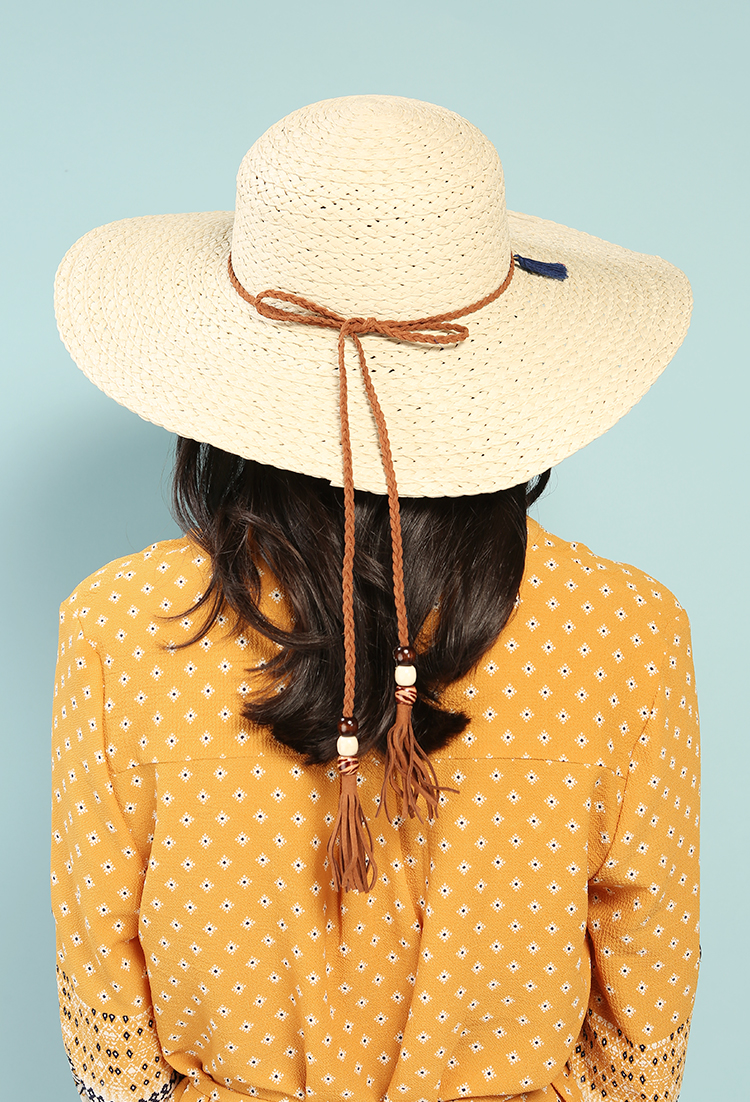 Braided Tassel-Trim Wide-Brim Straw Hat