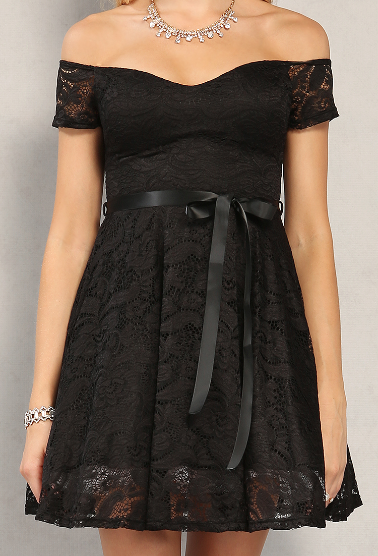 Off-The-Shoulder Lace Overlay Fit And Flare Dress