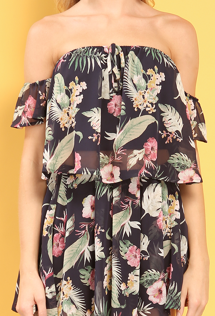Layered Tropical Floral Print Chiffon Off-The-Shoulder Top
