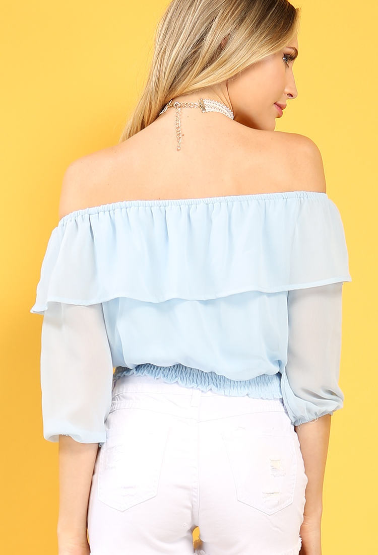 Smocked Chiffon Off-The-Shoulder Flounce Top
