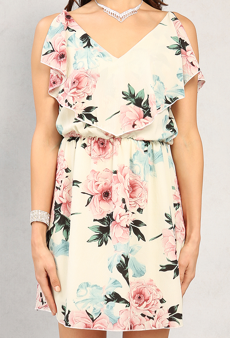 Floral Print Open-Shoulder Flounce Dress