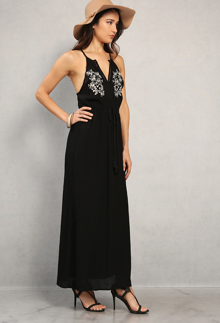 Floral Embroidered Crochet-Trimmed Maxi Dress