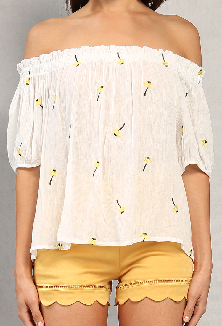 Crinkled Daisy Embroidered Off-The-Shoulder Top