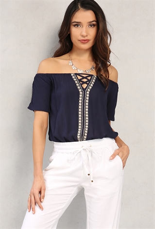 Embroidered Crisscross-Front Off-The-Shoulder Top