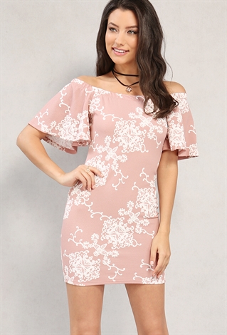 Lace Print Off-The-Shoulder Dress W/ Choker