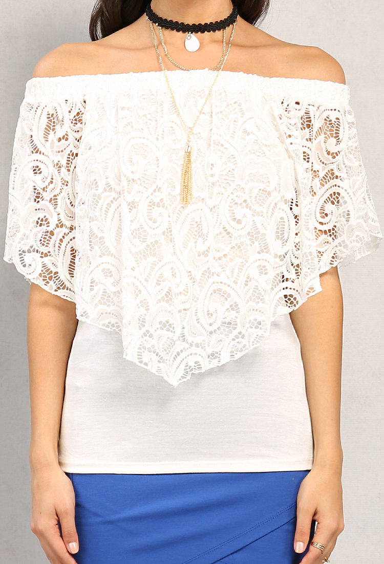 Layered Lace Off-The-Shoulder Top W/ Necklace