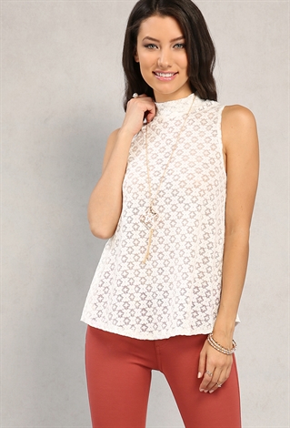 Sheer Mock Neck Lace Top W/ Necklace