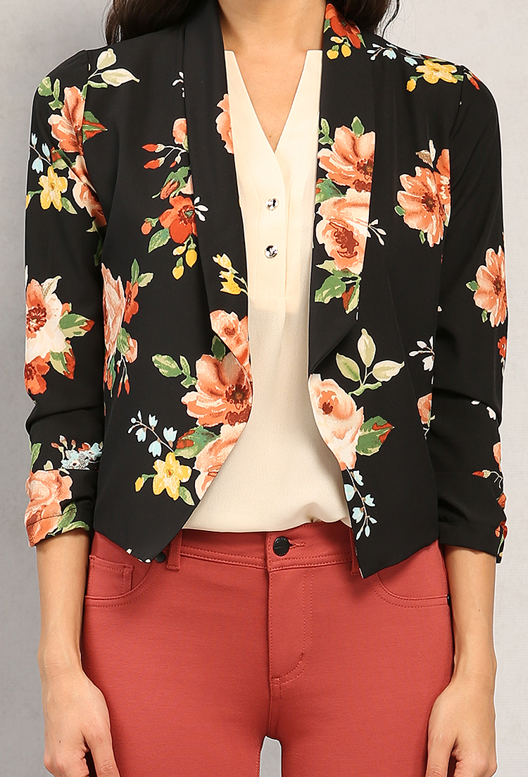 Draped Floral Open-Front Jacket