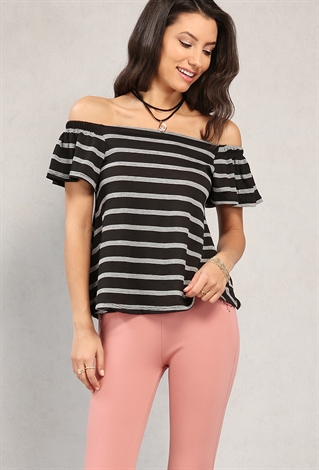 Striped Off-The-Shoulder Top W/ Necklace