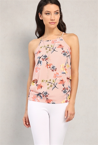 Ruched Floral Print Cami W/ Necklace