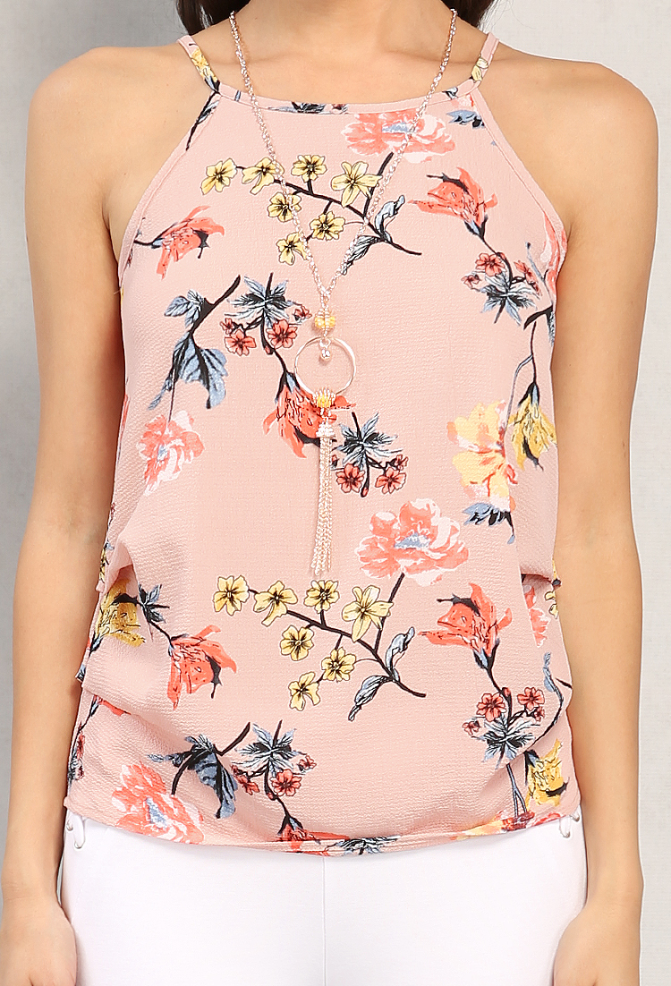 Ruched Floral Print Cami W/ Necklace