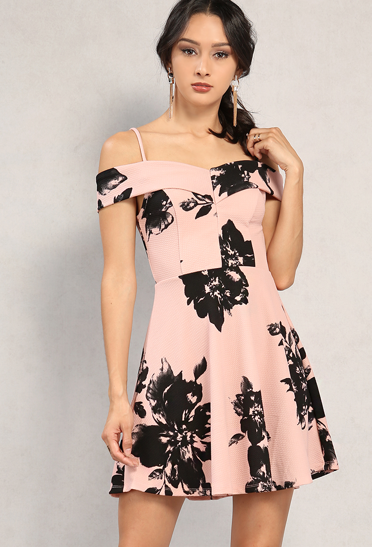 Textured Floral Print Open-Shoulder Dress