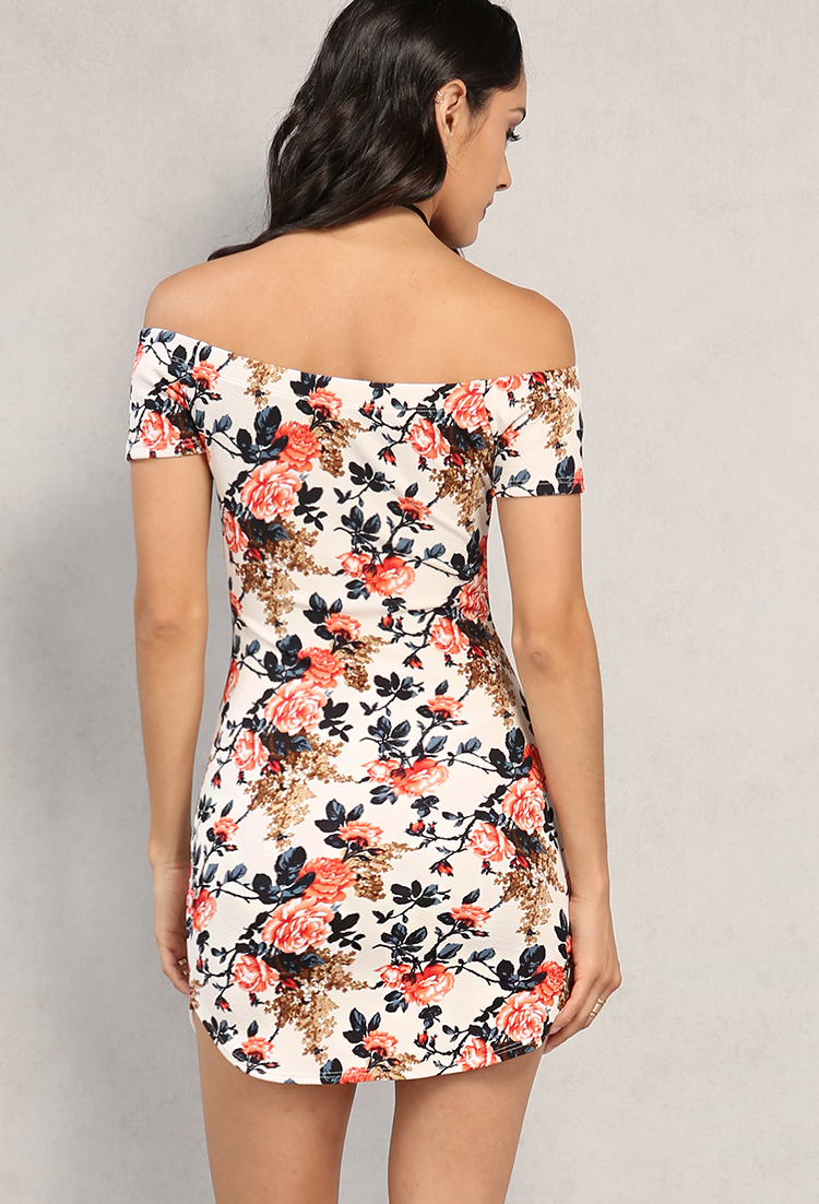 Floral Off-The-Shoulder Bodycon Dress W/ Necklace
