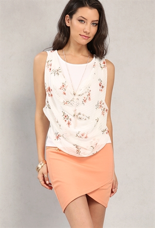 Chiffon Draped-Front Floral Top W/ Necklace