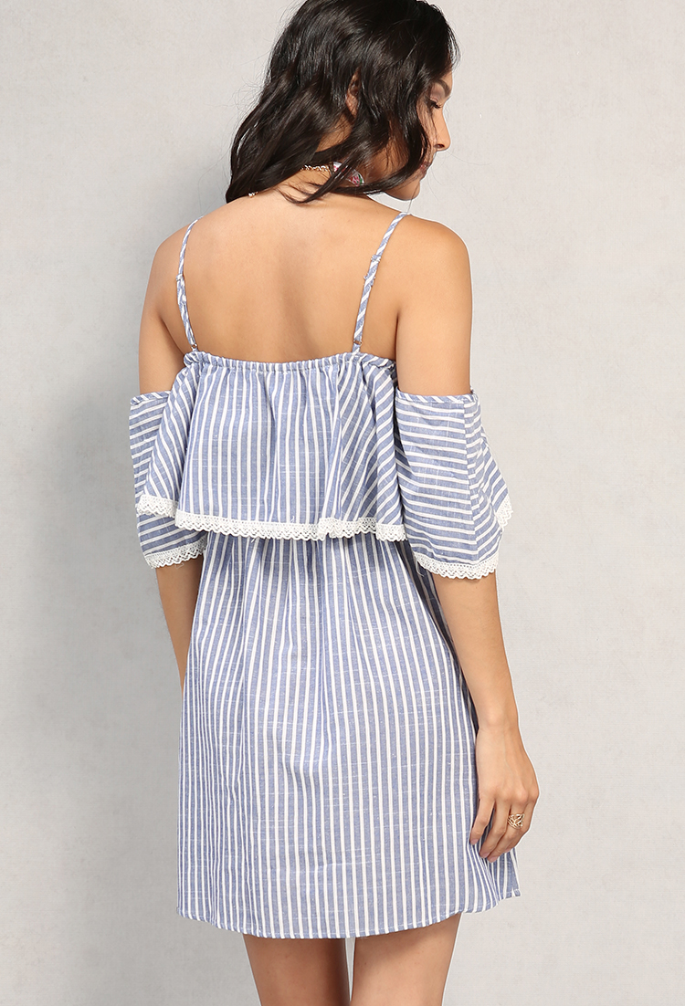 Striped Crochet-Trim Open-Shoulder Flounce Dress