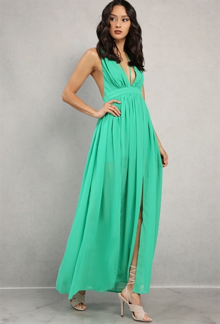 Plunging Strappy M-Slit Maxi Dress