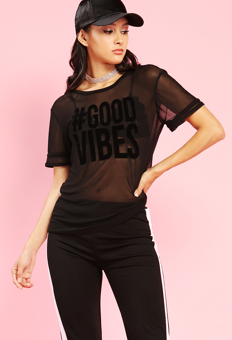 Sheer Mesh #Goodvibes Graphic Top