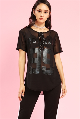 Sheer Mesh Lace-Up Royals 99 Graphic Top