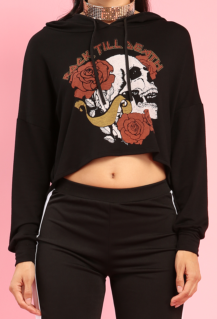 Skull And Rose Graphic Ladder Cutout Hoodie