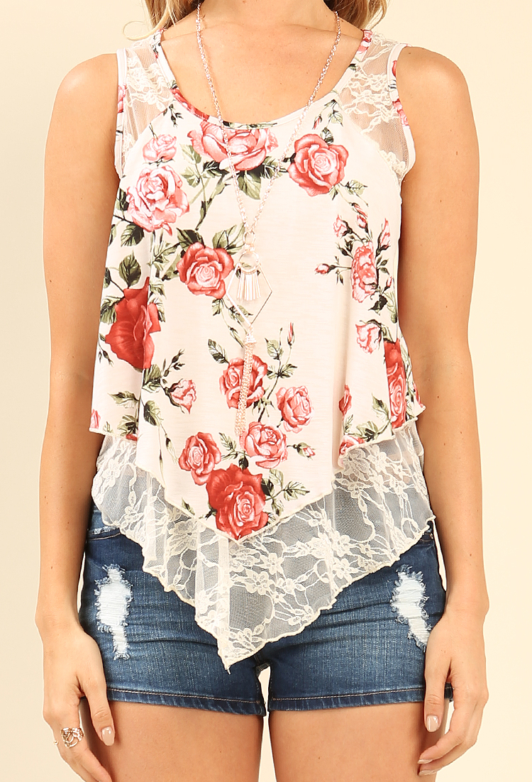 Lace Paneled Floral Top W/ Necklace