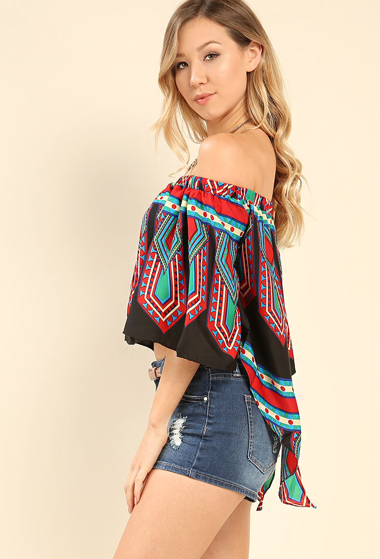 High-Low Tribal Print Off-The-Shoulder Top