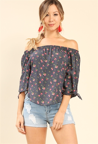 Dotted Floral Print Off-The-Shoulder Top